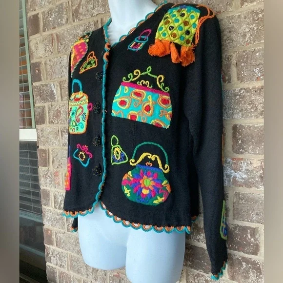 Vintage 1994 Michael Simon multi color crochet patch sweater Size S Purses - Picture 2 of 16